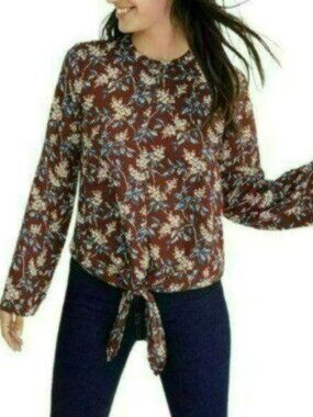 Madewell Antique Flora Women's Small Red Blue Long Bell Sleeve Crewneck Blouse